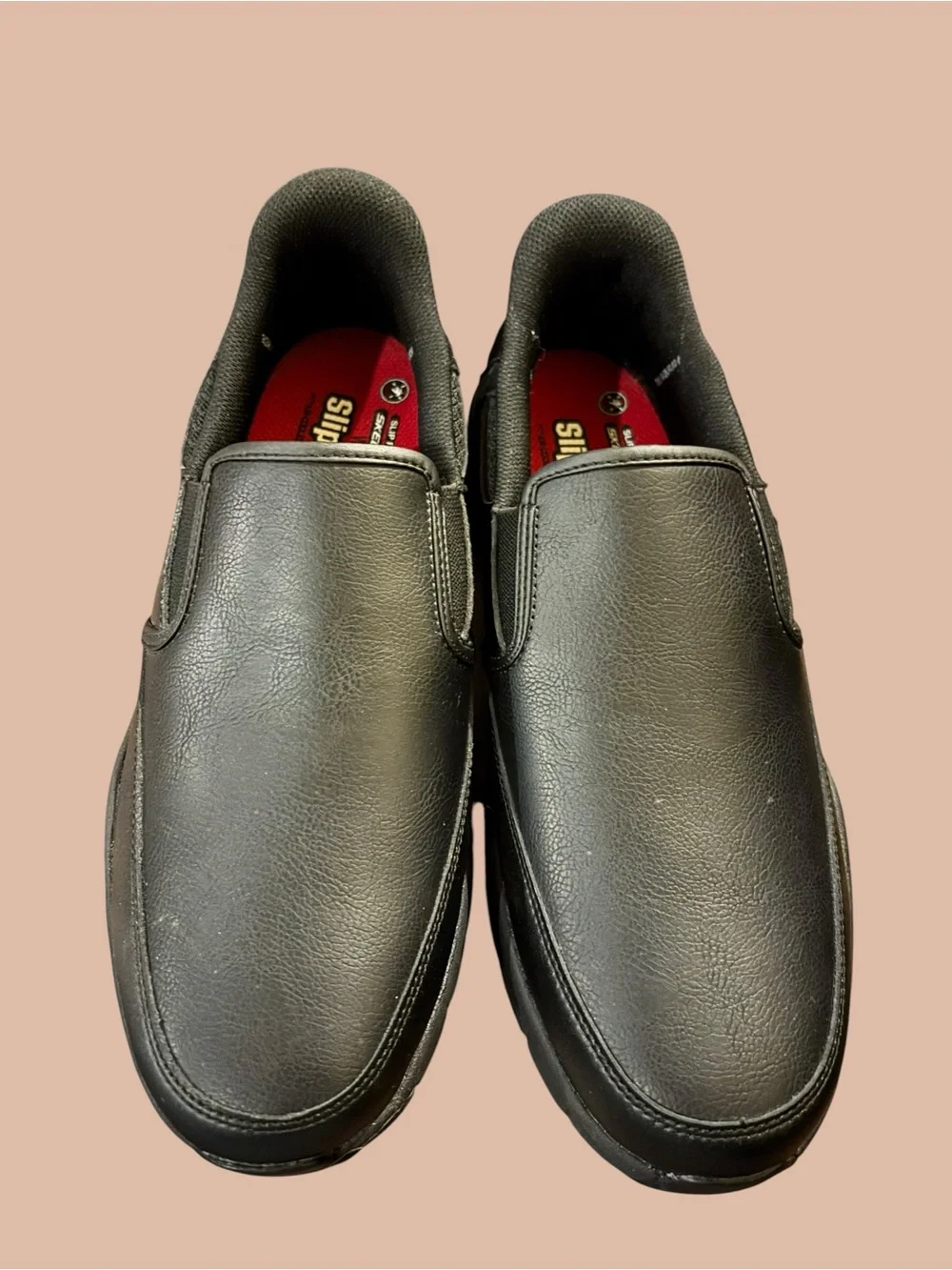 Skechers Black Slip-On Work Loafers with Red Insole   Designed for hands free